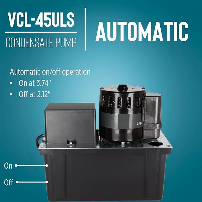 Little Giant VCL-45ULS 115 Volt, 1/5 HP, 450 GPH, Automatic Condensate Removal Pump with 1-Gallon Tank and Safety Switch, 6-Ft. Cord, Black, 553240