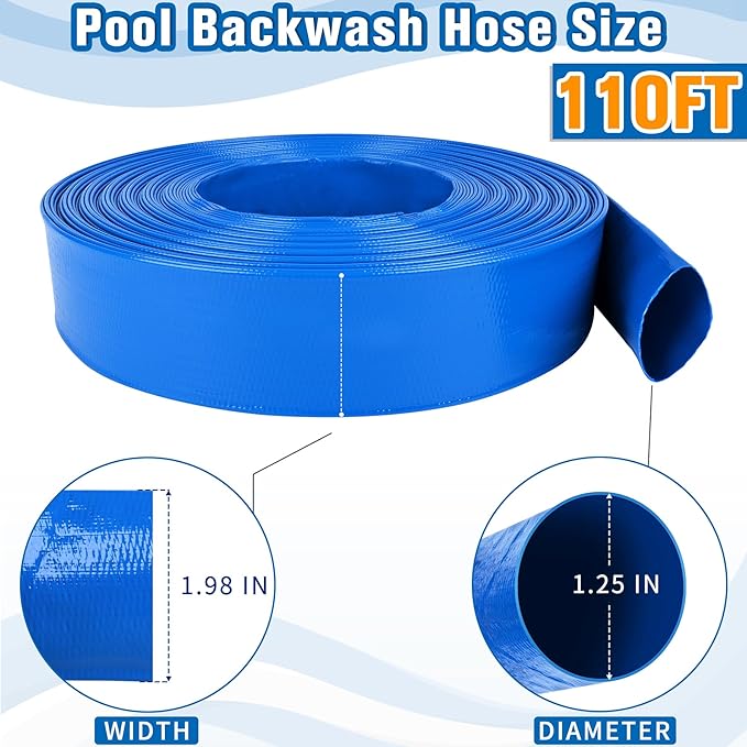 MYFAMIREA 1.25IN x 110FT Pool Backwash Hose Heavy Duty Drain Discharge Double PVC Layflat Hose with 2 Clamp, Weatherproof Burst Resistant for Water Transfer, Sump Pump, Pool Filter, Drain (33.6M,Blue)