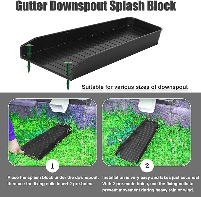 4-Pack Rain Gutter Downspout Splash Block - 16" Fixable Gutter Downspout Extension for Rainwater Drainage, Ladder Downwards Design with 8 Fixed PP Nails (Black)