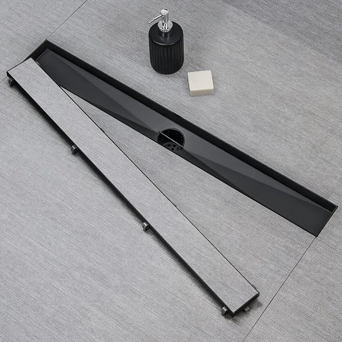 SaniteModar Linear Shower Drain, Black Shower Drain 40 inch with Flat and Tile Insert 2 in 1 Panel, 304 Stainless Steel Black Linear Floor Drain with Hair Strainer and Leveling feet