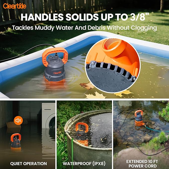 Cleartide Submersible Sump Pump, 1/3 HP Utility Water Pump for Pool Draining, Hot Tub, Basement,100% Copper Motor, Electric Drain Pump Handles 3/8" Solids, 10 FT Cord