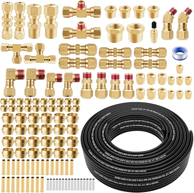 129 PCS Brass DOT Air Line Fittings with 50FT 1/4" DOT Air Line Kit Quick Connect 1/4" 1/8" 3/8" 1/2" NPT Thread Fittings with Pneumatic Tubing Set for Semi Truck Trailer or Industrial Air System