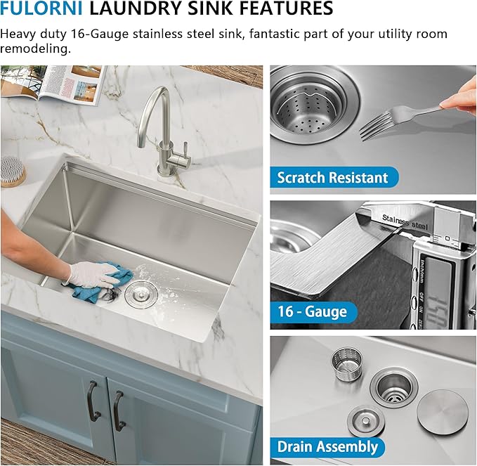 24"x18" Undermount Laundry Utility Sink Workstation – 16 Gauge 304 Stainless Steel, 13 Inch Deep Single Bowl Under Counter Sink Basin for Laundry Room, RV or Utility Use