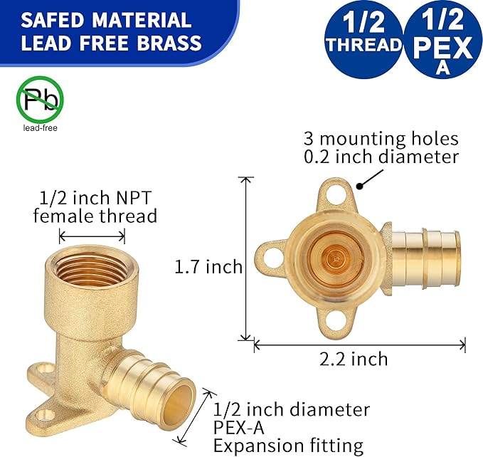 (5 Pack) Lidertik 1/2 Drop Ear Elbow PEX-A Adapter to 1/2" NPT Female Threaded Adapter Brass plumbing connection LI-EPXDEE1212(5 Pieces)