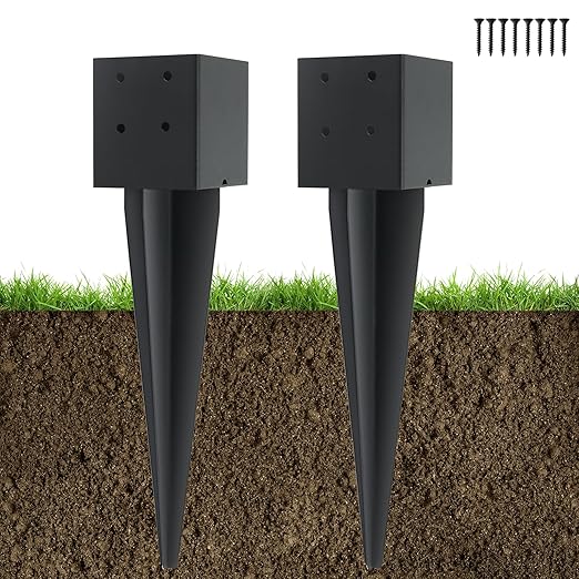 2 Pcs 4"x4" Fence Post Anchor Ground Spike 16"(Actual 3.6"x3.6") Heavy Duty Metal Fence Post Anchor with Black Powder-Coated for Deck,Fence,Porch,Railing,Mailbox