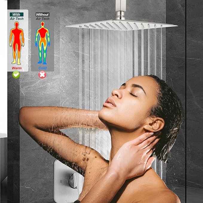 Heyalan Shower Faucet Set Square Stainless Steel Bathroom Rainfall Shower System One Handle Single Function Shower Trim Kit with Rough-in Valve Male Thread,Ceiling Mount,12 Inch,Brushed Nickel