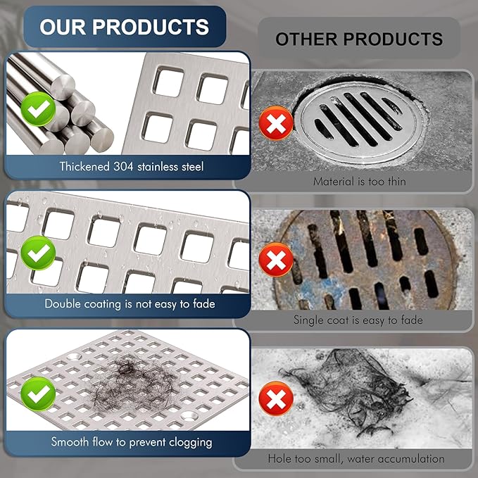 2PC 3-7/8" Brushed Nickel Shower Drain Cover - Square Floor Drain Cover Replacement - Hair Catcher/Drain Strainer for Bathrooms, Showers, and Sinks - SUS304 Stainless Steel & CUPC Certified