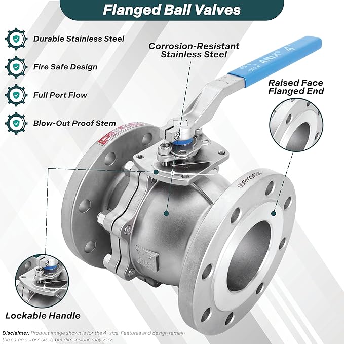 Anix Stainless Steel Flanged Ball Valve, Stainless Steel 316 Ball and Stem, Class 150 Full Port, Firesafe Certified (1 1/4")