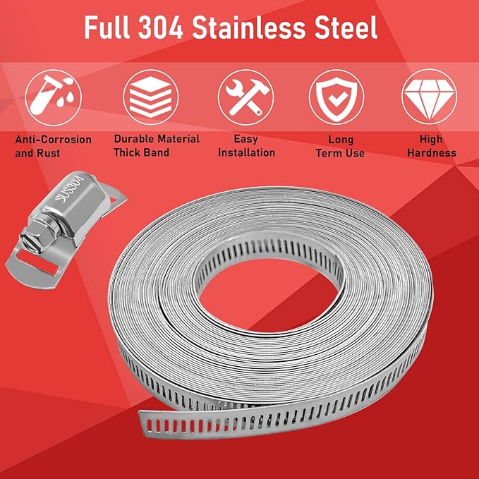 Hose Clamps Assortment Kit, CUKAYO 304 Stainless Steel DIY 39.37 FT Metal Strap+20 Stronger Fasteners, Large Adjustable Worm Gear Band Hose Clamps Screw Clamps Duct Pipe Metal Clamp Strapping