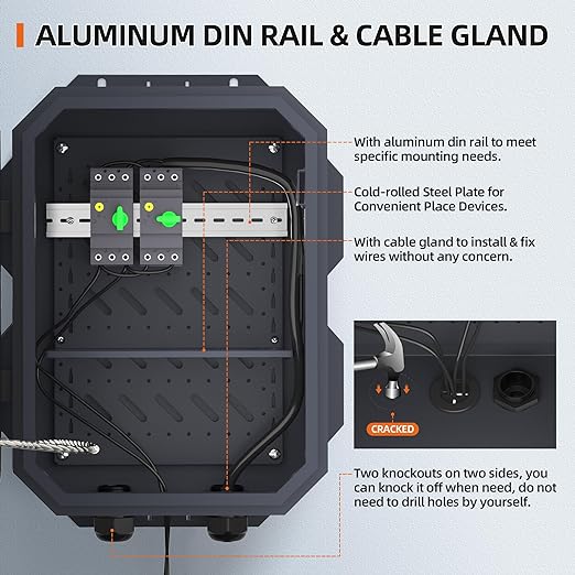 Joinfworld Outdoor Electrical Box, Metal Outdoor Enclosure Box Waterproof IP65 Junction Vented Enclosure Weatherproof with Cold-Rolled Steel Plate Fan Din Rail Cable Gland 15.7"x11.8"x7.9"