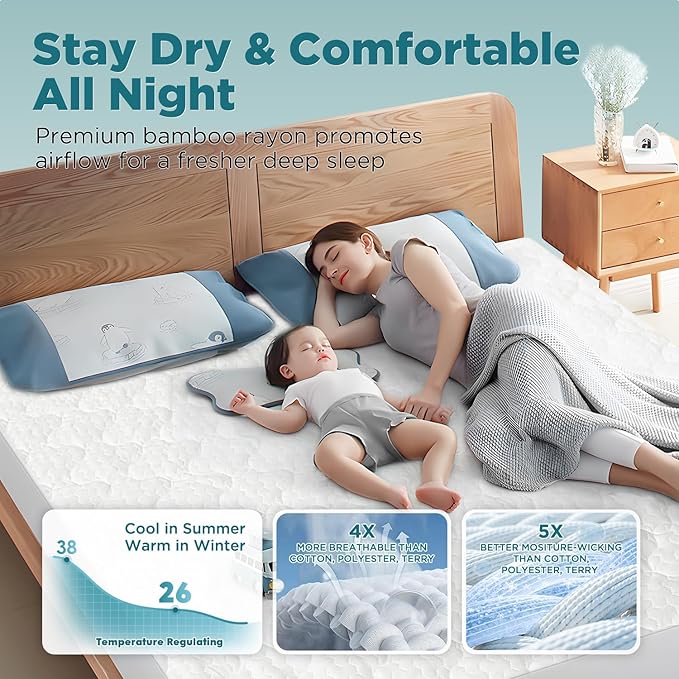 5-Sided Waterproof Mattress Protector, Full Size Quilted Bamboo Rayon Mattress Cover, Breathable Cooling Noiseless Bed Fitted Sheets, Soft Bedding Pad with Deep Pocket Up to 18"