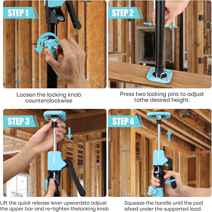 SHALL Cabinet Jack Support Pole, 54-114 in Steel Telescopic Quick Support System Rod, Adjustable 3rd Hand Tool with 154lbs Capacity for Lifting Drywall Cabinet Cargo Bars, 4 Pack w/Storage Bag