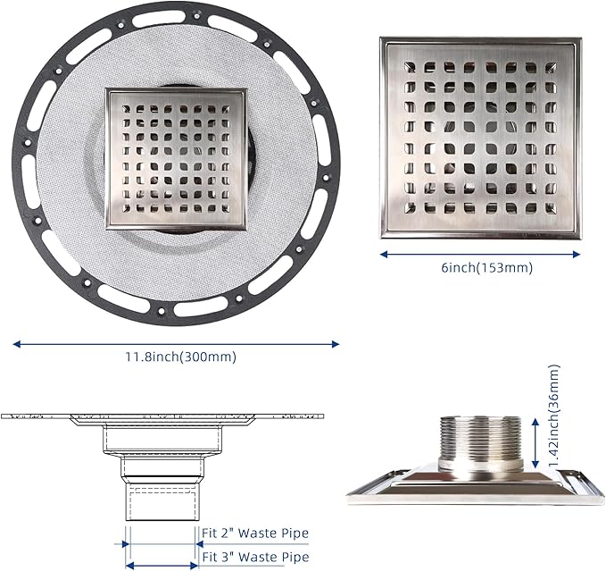 6-Inch Square Shower Drain with Bonding Flange - Durable Stainless Steel Shower Drain Flange Kit for Quick Drainage, Easy Installation, Ideal for Bathroom & Wet Area Renovations