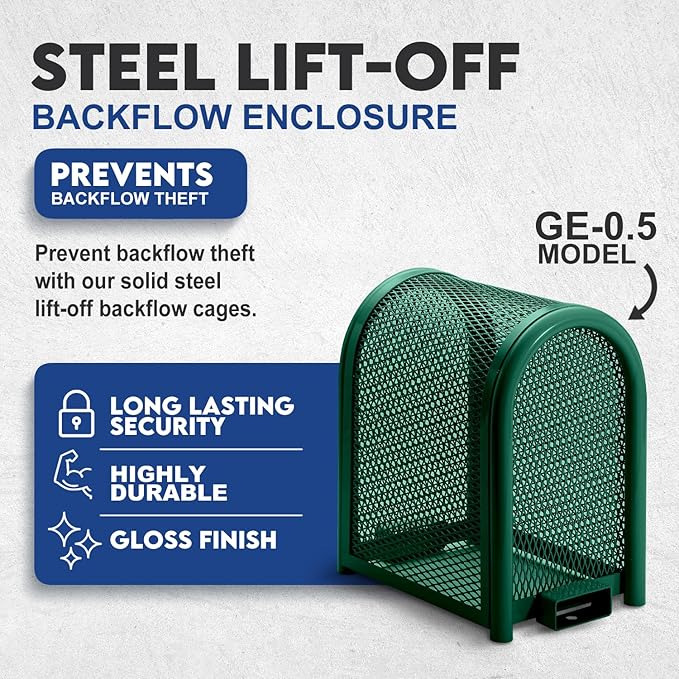 Steel Protection Backflow Preventer Security Cage for Outside - Extra-Small - Green - Guardian Enclosures - Cage Dimensions, Internal 11 1/8″ W x 20″ H x 16″ L, External 13 3/8″ W x 20″ H x 20 3/8″ L