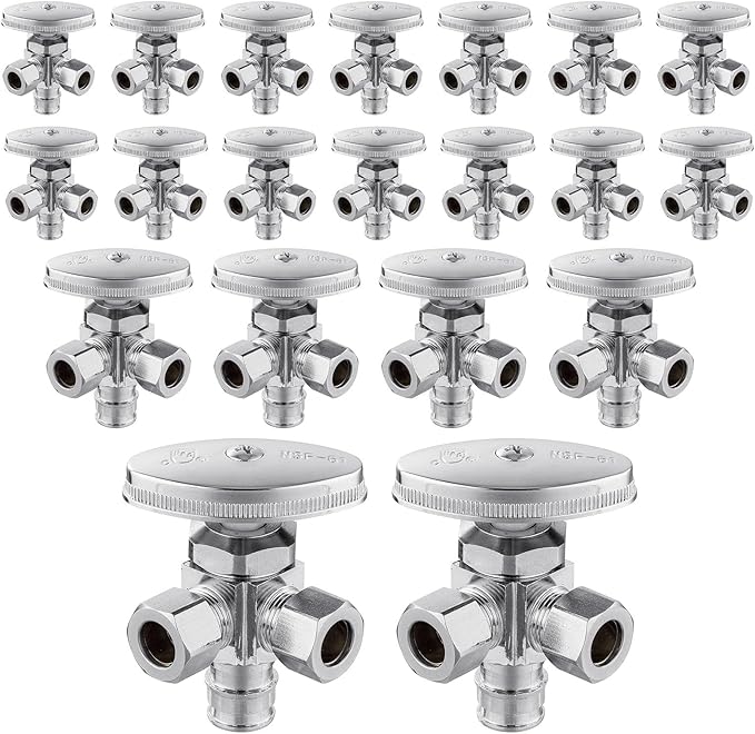 (Pack of 20) Seelink Multi-Turn Dual Outlet Angle Stop Valve, 1/2" Pex-a Expansion F1960 Pipe Inlet x (3/8 inch x 3/8 inch) Compression Outlets, Chrome Plated Brass