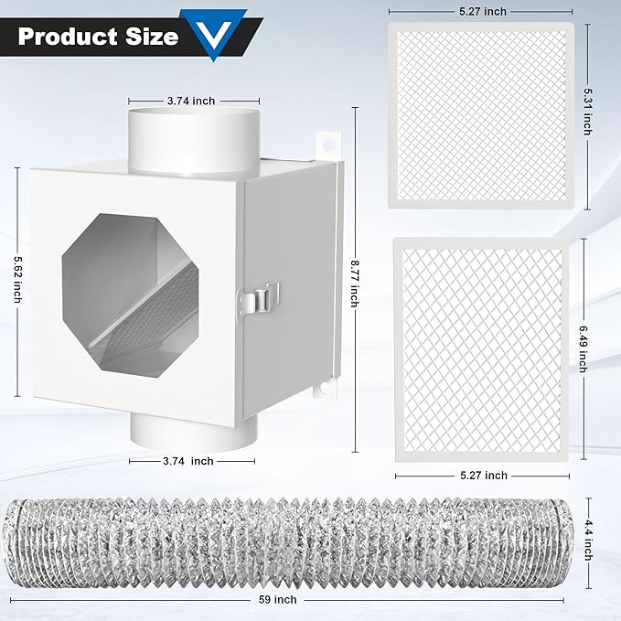 Dryer Lint Trap, Indoor Dryer Vent Kit, Metal Lint Catcher Box with 90 Degree Dryer Vent Elbow Set Vent Duct Hose Clamps Sealing Tape Cleaning Brush Filter Screens Space Saving Connector Kit