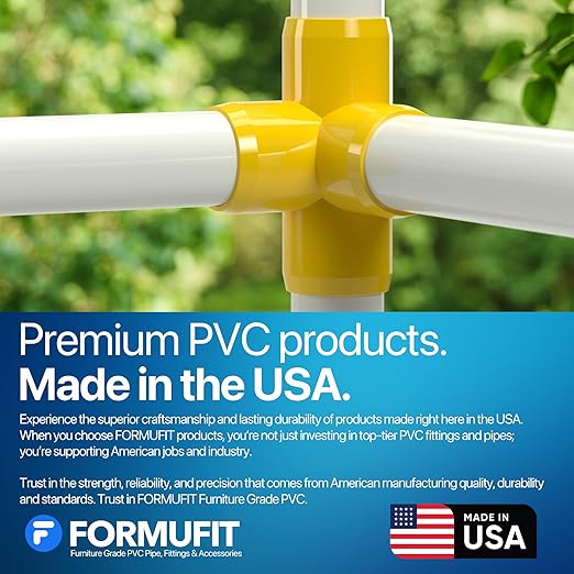 FORMUFIT 1-1/4” 4-Way Tee Furniture Grade PVC Fitting in Yellow, Made in USA, UV-Resistant, Impact-Proof, 1.660” Actual Socket Diameter (Pack of 4) - F1144WT-YE-4