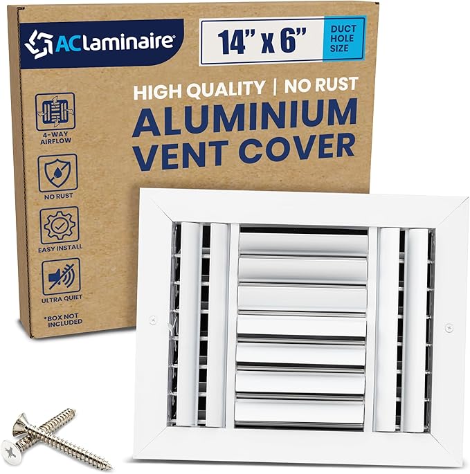 14x6 Inch (Duct Opening) Aluminum 4-Way Air Flow Vent – HVAC Vent Cover for Wall or Ceiling – Quiet HVAC Wall Register with Multi-Shutter Damper – Adjustable Curved Blade - Plastic Seal for Tight Fit