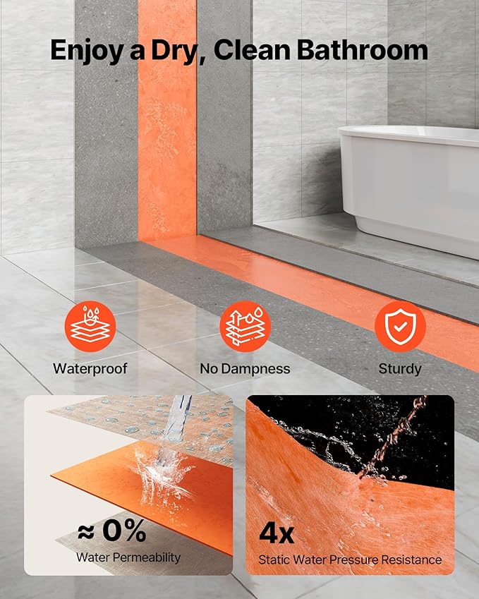VEVOR Waterproof Membrane for Shower, 4 x 128 ft 504 sq.ft Waterproofing Tile Membrane, 20 mil Thickness Polyethylene Fabric Roll, Easy to Cut for Bathroom, Kitchen, Sauna, Walls, Underlayment