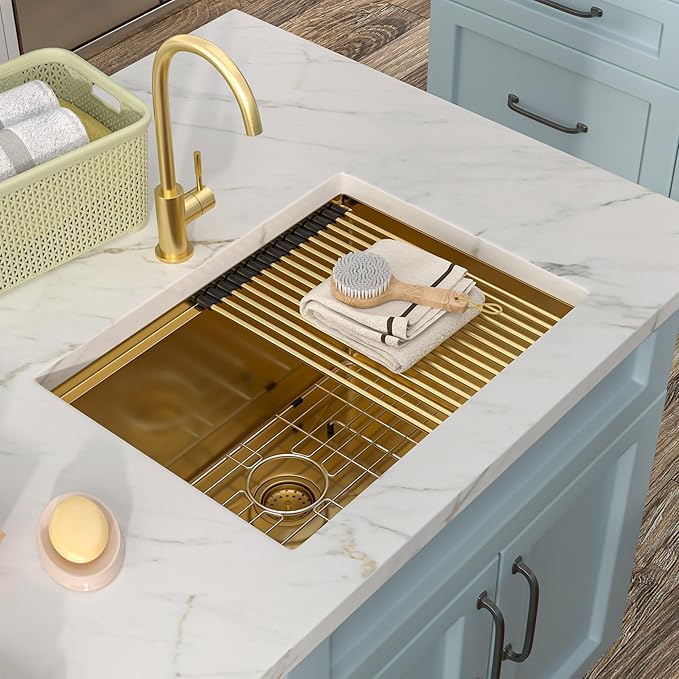 24"x18" Undermount Laundry Utility Sink Workstation – Brushed Gold NANO-PVD, 16 Gauge 304 Stainless Steel, 12 Inch Deep Single Bowl Basin for Laundry Room, RV or Utility Use