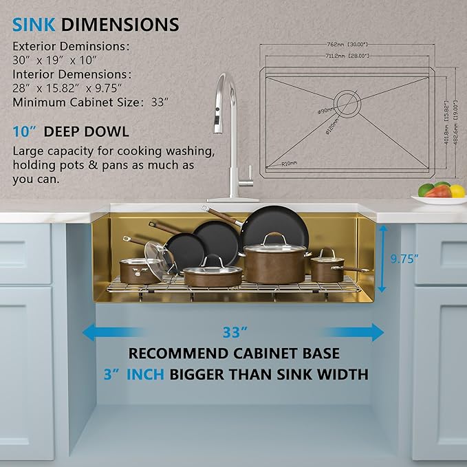 30 Undermount Kitchen Sink Gold - Fulorni 30"x19" Kitchen Sink Brushed Gold NANO-PVD Ledge Workstation 16 Gauge 304 Stainless Steel Under Counter Single Bowl Basin