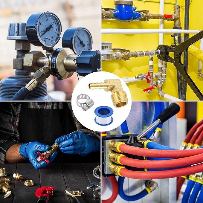 uxcell 2Pcs Brass Hose Barb Fittings, 1/4" x 3/8" NPT 90 Degree Elbow Hose Connectors with Hose Clamps for Water Fuel Gas Oil Transportation