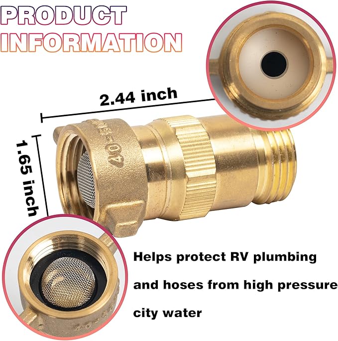 Hourleey Brass Hi-Flow Water Regulator, RV Pressure Water Regulator with Filter Screen, for Campers, Travel Trailers, RV Plumbing System, 40-50 PSI (2 Pack)
