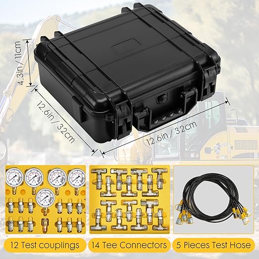 Hydraulic Pressure Test Kit with 5 Gauges 12 Test Couplings.14 Tee Con nectors.5 Test Hoses,Hydraulic Gauge Kit with Sturdy Carrying Case for Excavator Construction Machinery