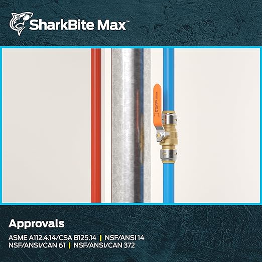SharkBite Max 3/4 Inch Ball Valve, Push To Connect Brass Plumbing Fitting, Water Shut Off, PEX Pipe, Copper, CPVC, PE-RT, HDPE, UR22185A