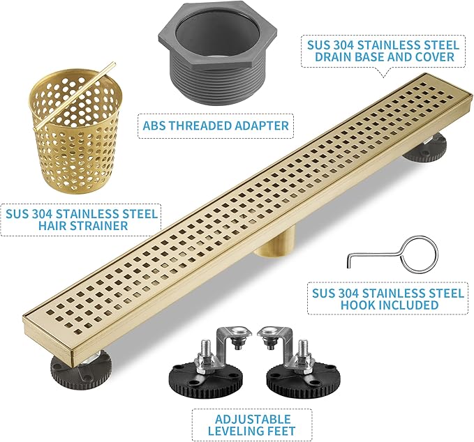 Linear Shower Drain 36 Inch Rectangular, Brushed Gold Shower Drain, 51L/Min Fast Drainage SUS-304 Stainless Steel Floor Linear Drain, US Standard CUPC Certified, Zirconium Gold, SD-112-36ZG