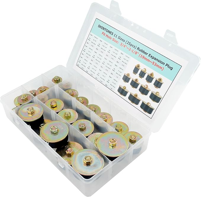 25pcs Automotive Rubber Expansion Plug, 11 Sizes Rubber Expandable Freeze Plugs Kit Fit Hole Size:3/4"~2-1/8" (19mm~53mm)
