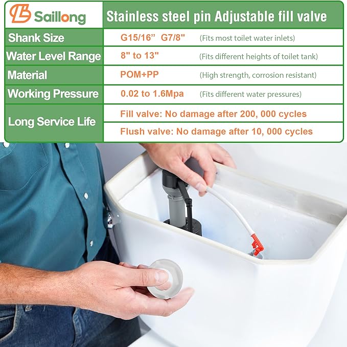 Saillong 2 Pack Toilet Fill Valve Replacement, Height Adjustable Universal Toilet Tank Flusher Replacement Kit, Leak-Proof Easy Install Fill Valve Repair Kit