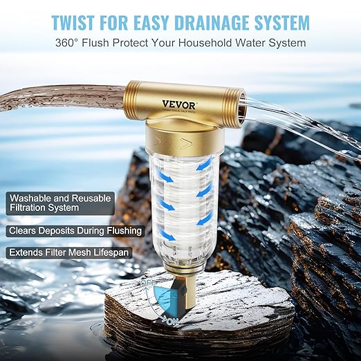 VEVOR 40 Micron Sediment Filter, 20GPM Spin Down Filter, Reusable Flushable Pre-Filtration, Whole House Sediment Water Filter, Pre-Filtration System for Well/City Water, 3/4" FNPT + 1" MNPT