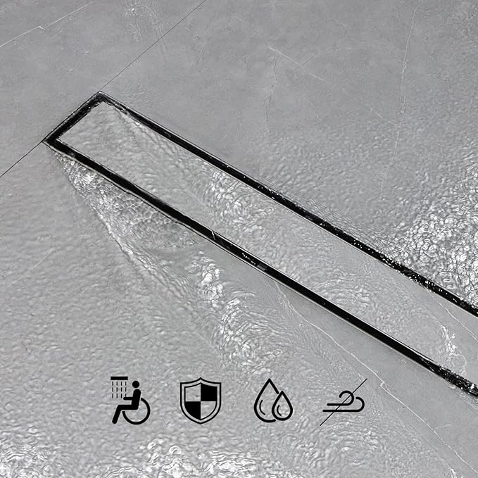 SaniteModar Linear Shower Drain, Shower Drain 16 inch Tile Insert 2 in 1 Panels, 304 Stainless Steel Brushed Shower Floor Drain, Shower Drain with Adjustable Feet and Hair Filters