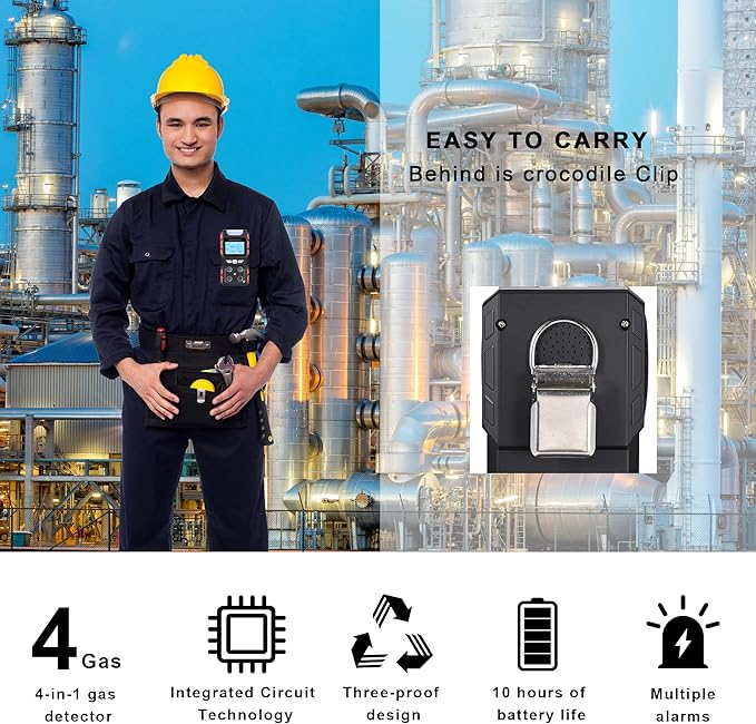 Portable Gas Leak Detector, Handheld Voice Type 4 Gas Monitor with Digital Display, Rechargeable Battery Powered Multi Gas Detector Test Meter (Black)