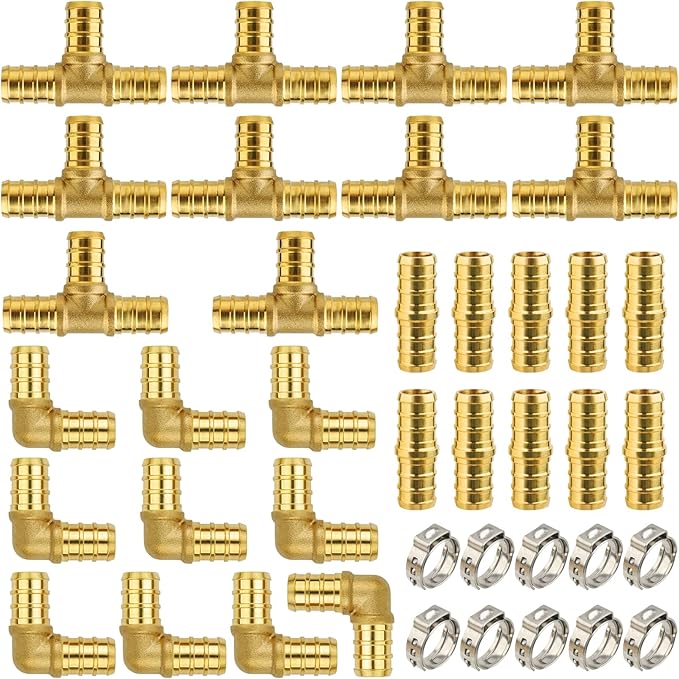 1/2 Inch PEX Fittings, No Lead Brass, 40-Piece Set (10 Tees, 10 Elbows, 10 Couplings, 10 Clamp Rings) for Hot & Cold Water, Compatible with PEX-A, B, C