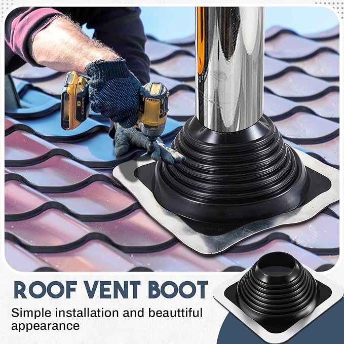 #6 Metal Roof Vent Boot Chimney Flashing Roof Jack Pipe Vent for Pipe OD 5 to 10 Sleeve Square Base Epdm (12 Inch, Black)