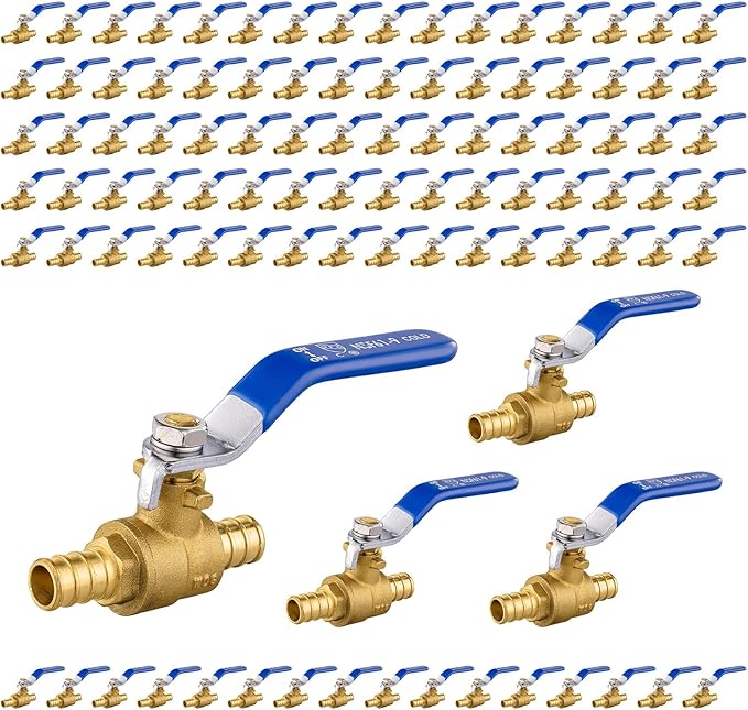 100-Pack Foskan 1/2 Inch PEX Crimp Full Port Ball Valve with Blue Handle, Brass Quarter Turn Shut-off Valve for PEX Tubing