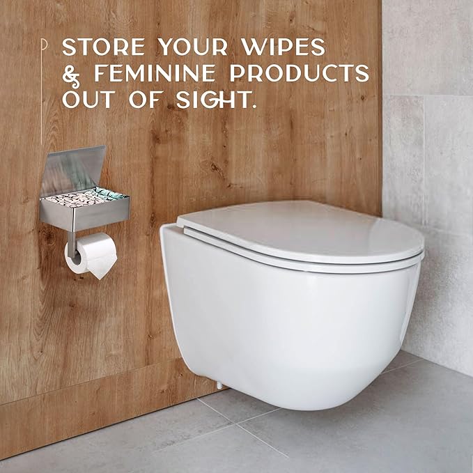 Day Moon™ Brushed Nickel Toilet Paper Holder with Shelf, Wipe Holder for Bathroom, Flushable Wipes Dispenser - Toilet Paper and Wipes Holder, Toilet Paper Holder with Storage