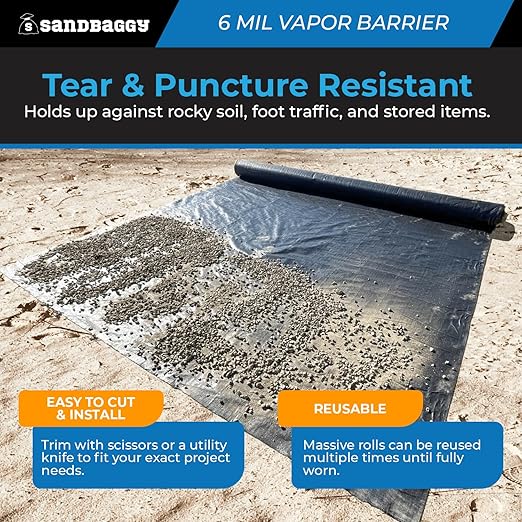 Sandbaggy 20 ft x 100 ft Vapor Barrier 6 Mil | Polyethylene | Black Plastic Sheeting Rolls | Moisture Barrier for Crawl Spaces, Concrete and Laminate Underlayment, Walls (15 Rolls)