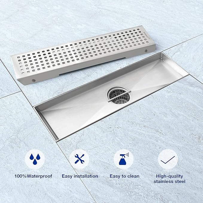 Linear Shower Drain 12", 304 Stainless Steel Floor Drain with Grid Drain Cover & Hair Strainer, Rectangular Shower Drain w/CUPC Certified, Brushed