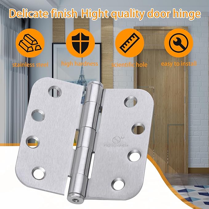 Satin Nickel Heavy Duty Hinge 4 X 4 Inch Commercial Door Hinges with 5/8" Radius Corners Interior and Exterior Hardware for Doors Hinge 3Pack