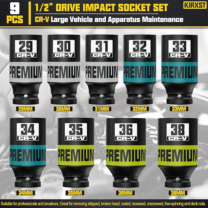 9 Piece 1/2" Drive Impact Socket Set, Metric Axle Nut Sockets, 29-38mm Thicker Jumbo Sockets, Socket Set, 6 Point, Cr-V Steel for Auto Repair