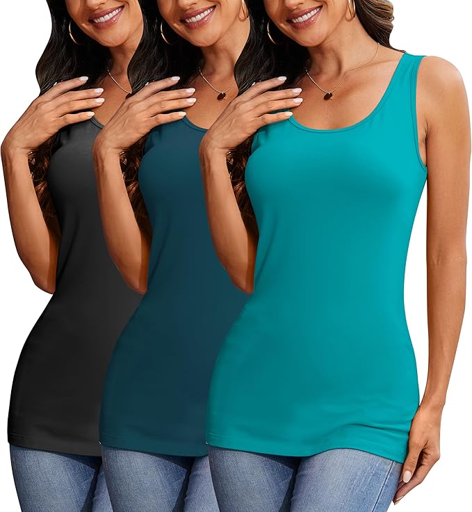 H HIAMIGOS Womens 3 Packs Long Tank Tops Stretchy Cotton Sleeveless Camisole Undershirts Layering Workout Yoga Camis