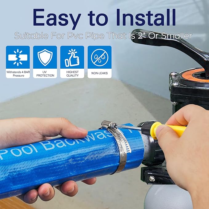 2" x 50FT Pool Backwash Hose, Heavy-Duty Pool Hose, Lay Flat Discharge Hose, Durable Burst Resistant, Pool Filter Pump Water Drainage, Sump Pump Discharge, with 2 Clamps