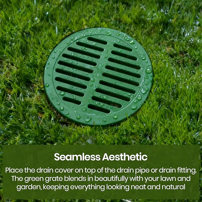 (4-Pack) Calvana 6” Plastic Round Drainage Grate Cover, Compatible with NDS 50, for Small Lawns, Landscaping, and Patios, Green