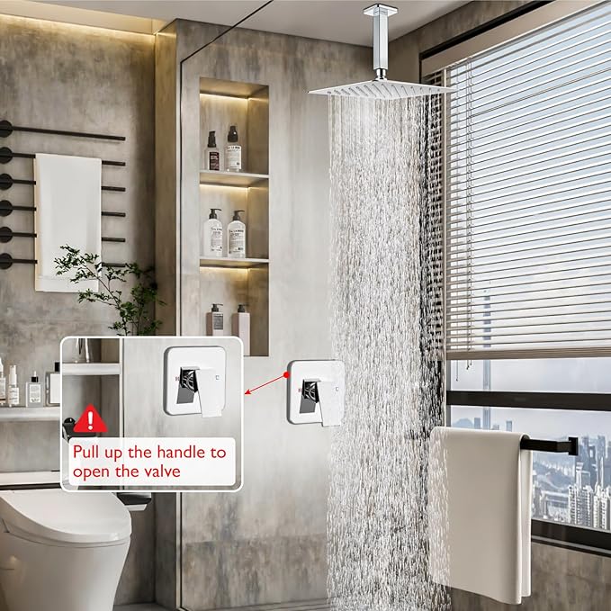 Heyalan Shower Faucet Set Square Stainless Steel Bathroom Rainfall Shower System One Handle Single Function Shower Trim Kit with Rough-in Valve Male Thread,Ceiling Mount,12 Inch,Polish Chrome