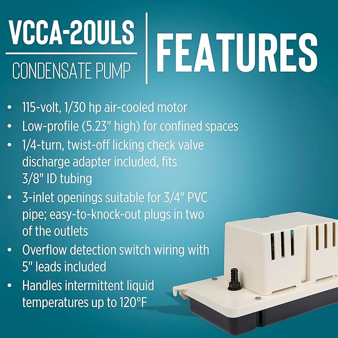 Little Giant VCCA-20ULS 115-Volt, 60 Hz, 1/30 HP, 80 GPH Low-Profile Automatic Condensate Removal Pump with Safety Switch, White/Black, 554201101