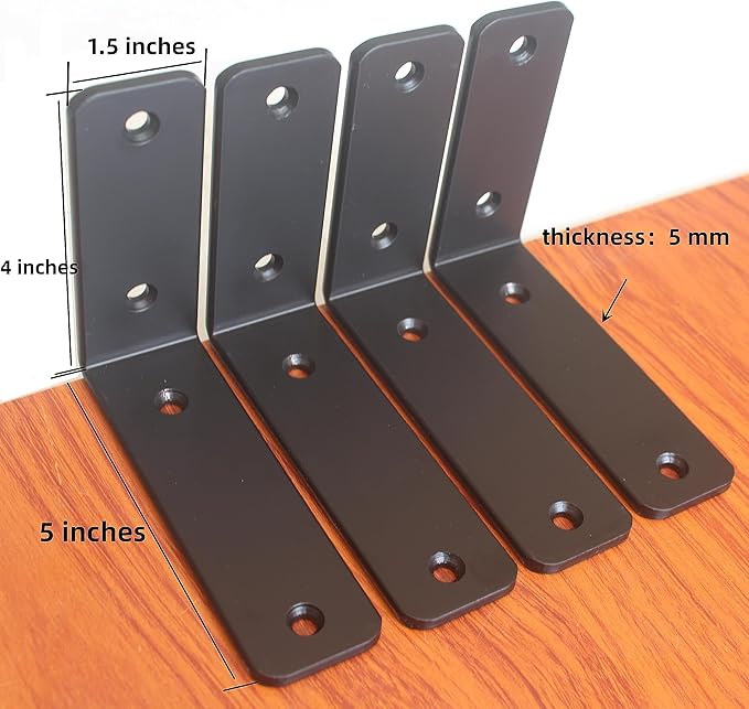 8 Pack - L 5" x H 4" x W1.5, 5mm Thick Black L Shelf Bracket, Iron Shelf Brackets, Metal Shelf Brackets, Floating Shelf, Shelf Supports with Screws