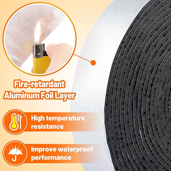 PAMASE 32.8ft Pipe Insulation Tape Wrap - Outdoor Winter Cold Hot Water Pipe Winterizing Self-Adhesive Foam with Aluminum Foil, Heat Preservation Reduce Heat Loss, 2" Wide